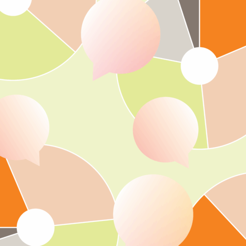 Abstract illustration of overlapping circular charts and speech bubbles in soft green, peach, beige, gray, and orange tones, suggesting conversation, feedback, and shared insights.