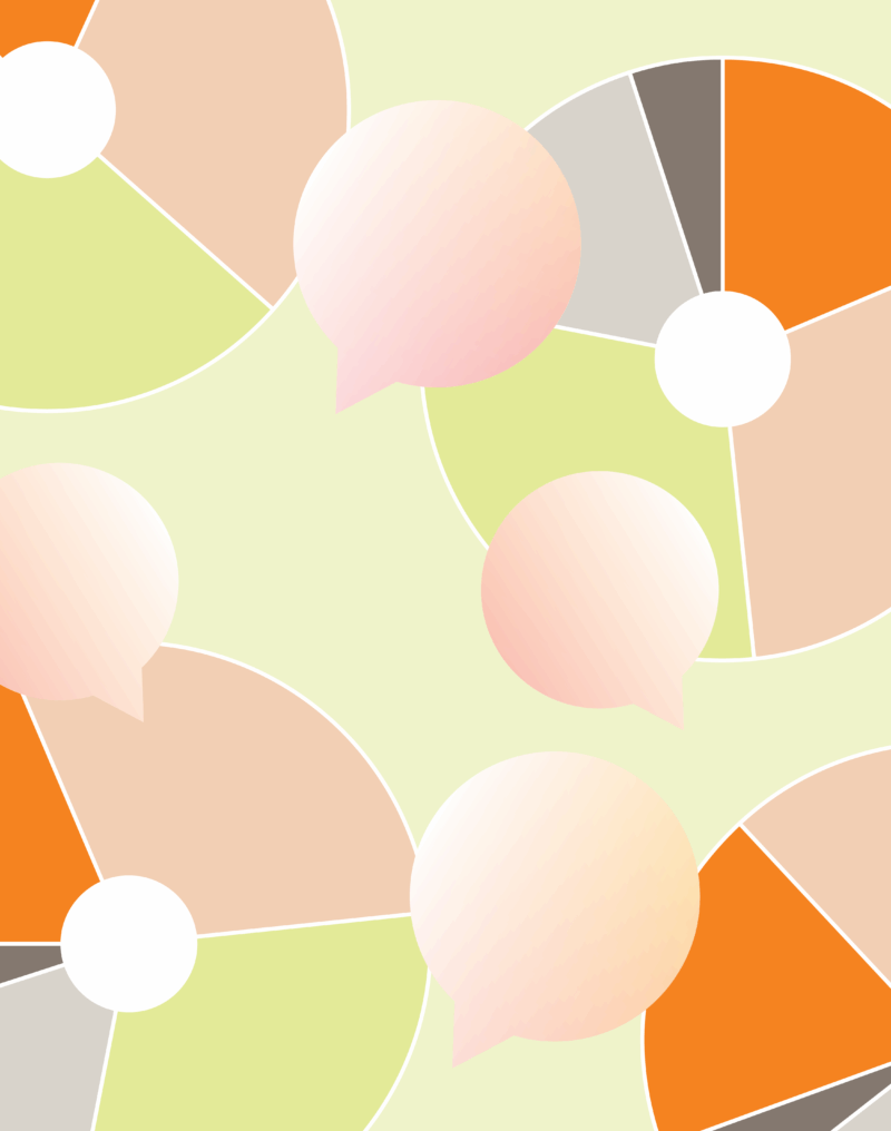 Abstract illustration of overlapping circular charts and speech bubbles in soft green, peach, beige, gray, and orange tones, suggesting conversation, feedback, and shared insights.