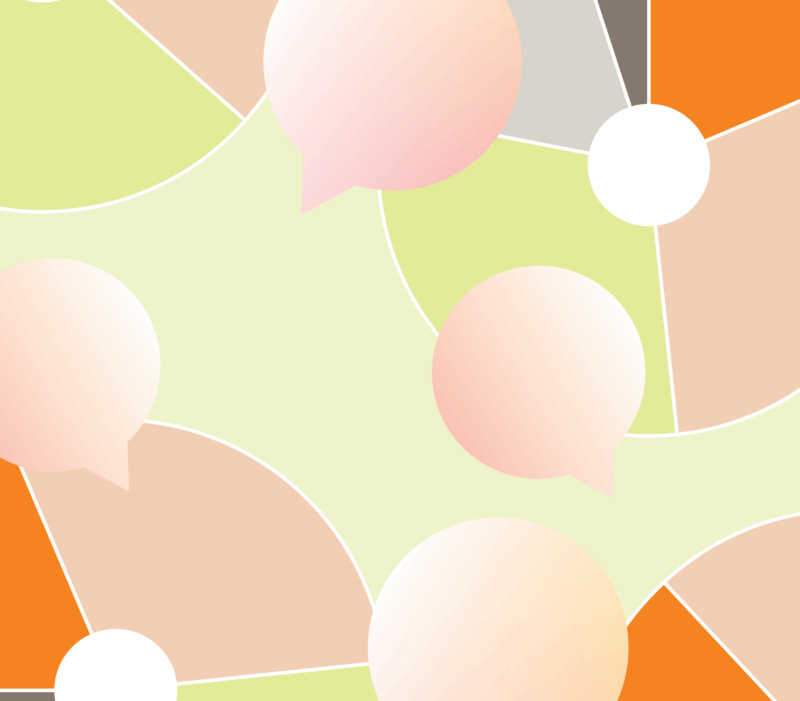 Abstract illustration of overlapping circular charts and speech bubbles in soft green, peach, beige, gray, and orange tones, suggesting conversation, feedback, and shared insights.