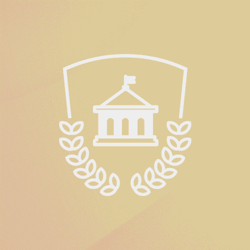 Stylized academic crest icon featuring a classical campus building with a flag, framed by a shield outline and laurel wreath, set against a soft beige gradient background.