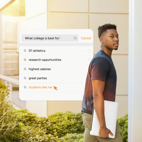 Prospective college student walking across campus holding a laptop, with an overlaid search bar reading “What college is best for” and suggested queries including D1 athletics, research opportunities, highest salaries, great parties, and “students like me.”