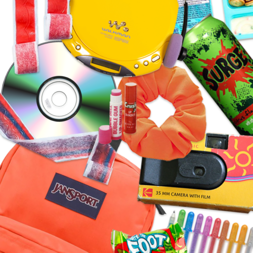 A colorful collage of late-90s/early-2000s items arranged on a white background, including a bright yellow Sony Walkman CD player with headphones, a reflective compact disc, a disposable 35mm camera, a neon orange Jansport backpack, an orange scrunchie, glitter gel pens, and nostalgic snacks like Fruit by the Foot, Dunkaroos, Bubble Tape gum, and a Surge soda can.
