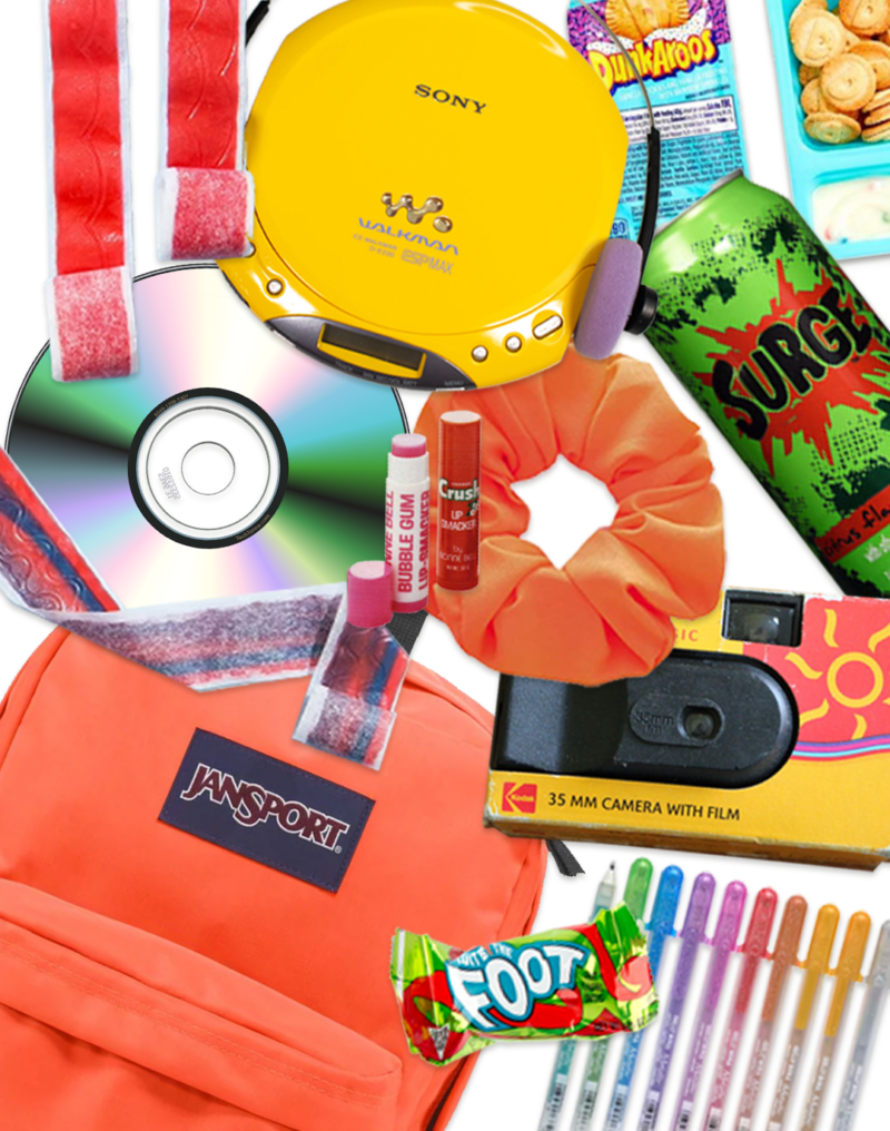 A colorful collage of late-90s/early-2000s items arranged on a white background, including a bright yellow Sony Walkman CD player with headphones, a reflective compact disc, a disposable 35mm camera, a neon orange Jansport backpack, an orange scrunchie, glitter gel pens, and nostalgic snacks like Fruit by the Foot, Dunkaroos, Bubble Tape gum, and a Surge soda can.