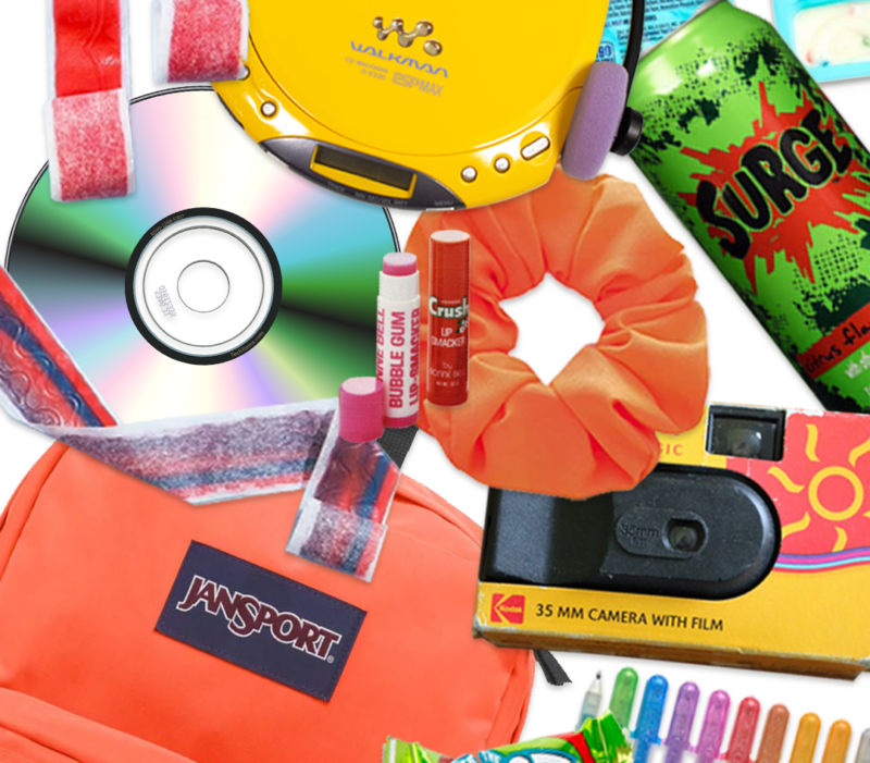 A colorful collage of late-90s/early-2000s items arranged on a white background, including a bright yellow Sony Walkman CD player with headphones, a reflective compact disc, a disposable 35mm camera, a neon orange Jansport backpack, an orange scrunchie, glitter gel pens, and nostalgic snacks like Fruit by the Foot, Dunkaroos, Bubble Tape gum, and a Surge soda can.