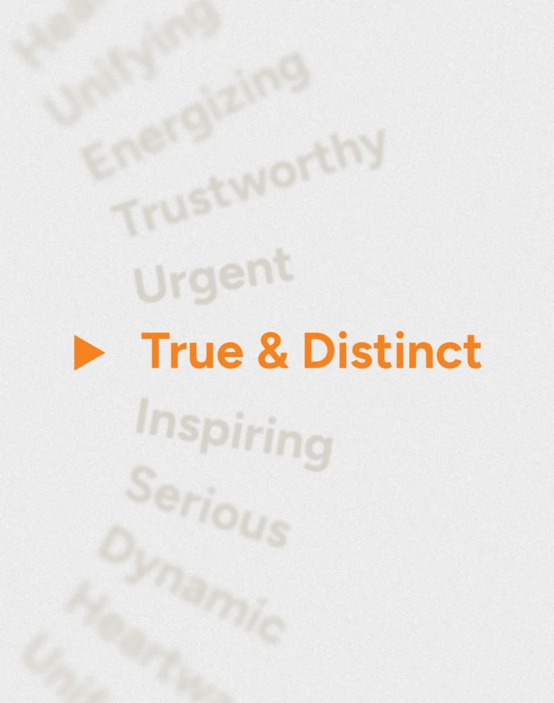 A textured white background with soft, blurred words like “Energizing,” “Trustworthy,” “Urgent,” “Inspiring,” and “Serious” surrounding a bold orange play icon and the words “True & Distinct.”