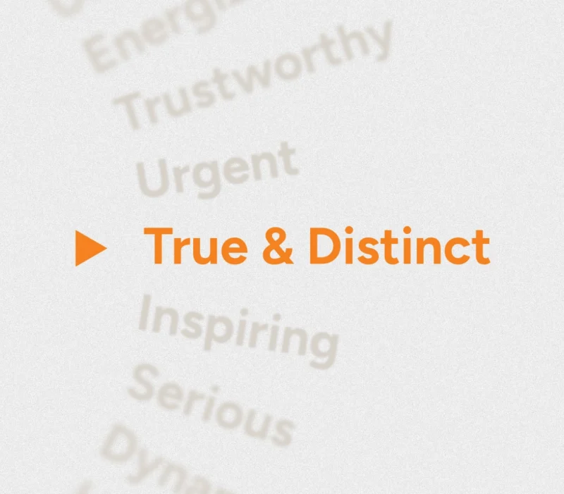 A textured white background with soft, blurred words like “Energizing,” “Trustworthy,” “Urgent,” “Inspiring,” and “Serious” surrounding a bold orange play icon and the words “True & Distinct.”