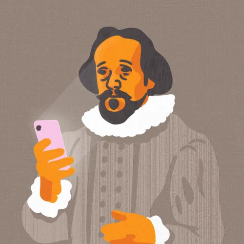 Stylized illustration of a Shakespeare-like figure in Elizabethan clothing holding a pink smartphone and reacting with surprise against a muted gray background.