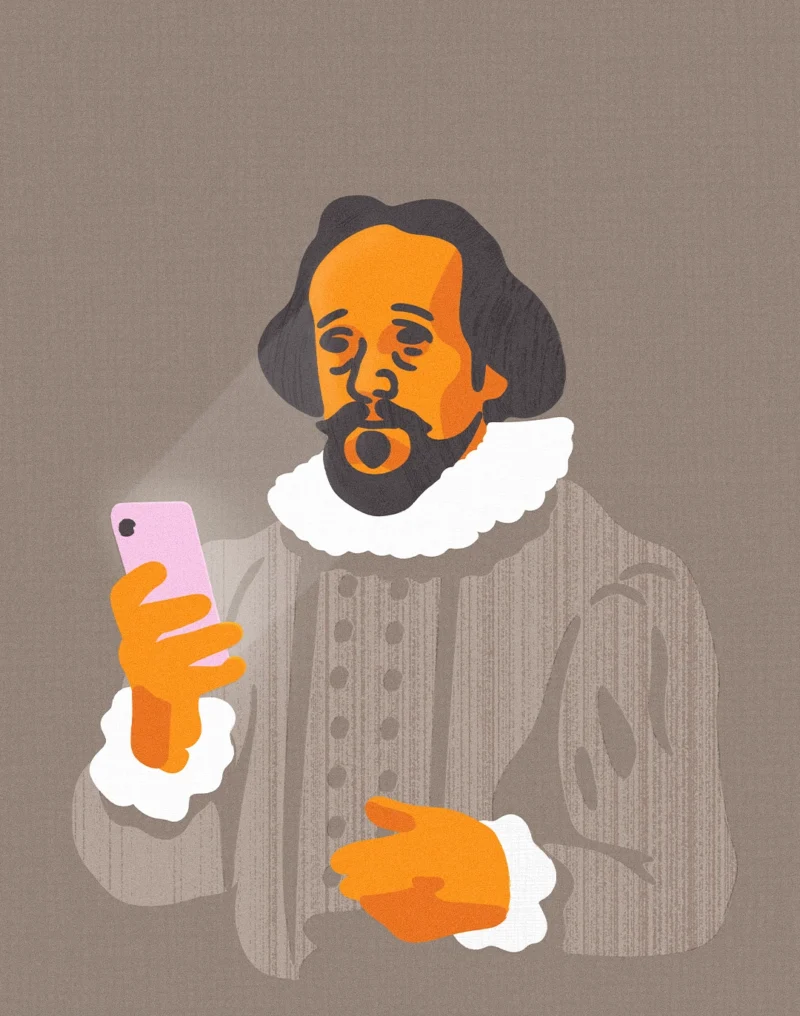 Stylized illustration of a Shakespeare-like figure in Elizabethan clothing holding a pink smartphone and reacting with surprise against a muted gray background.