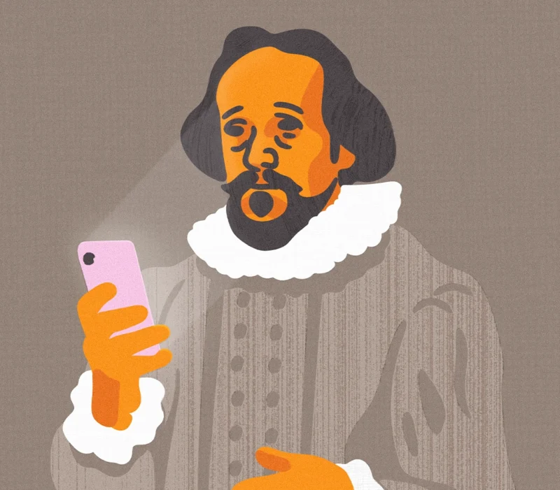 Stylized illustration of a Shakespeare-like figure in Elizabethan clothing holding a pink smartphone and reacting with surprise against a muted gray background.